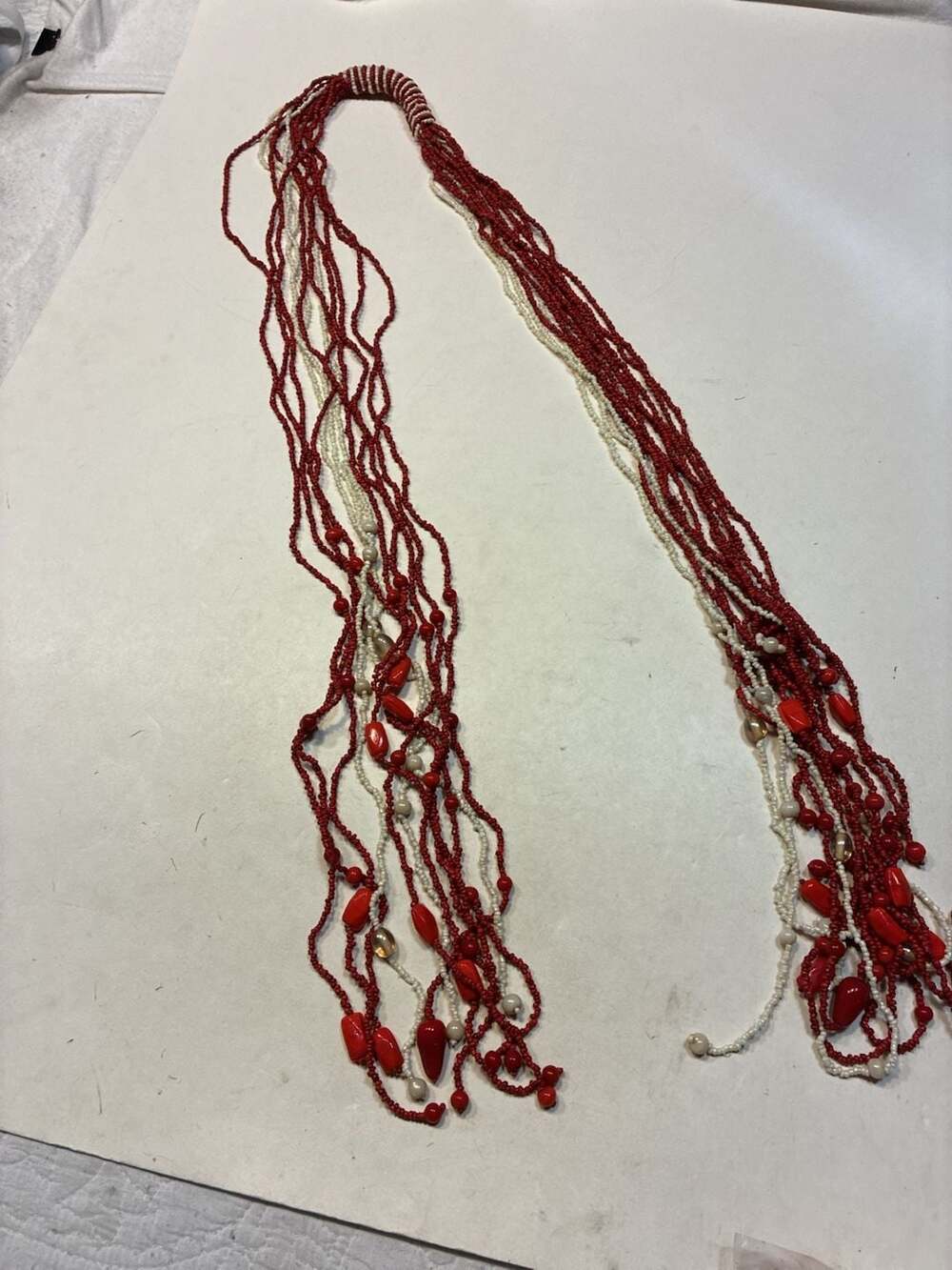 Vintage Multi Strand Red And White Beaded Statement Necklace